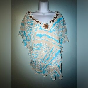 Cato’s Blouse Size 18/29‎ Teal Tan White Wood Beads